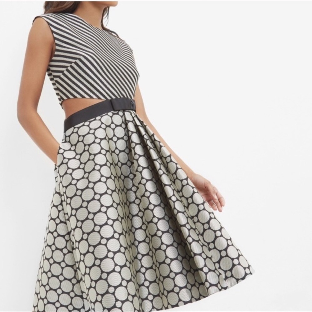 Ted Baker Reetah Stripe & Polka Dot Cutout Dress Gray Midi A-Line Size 0 (US 2)